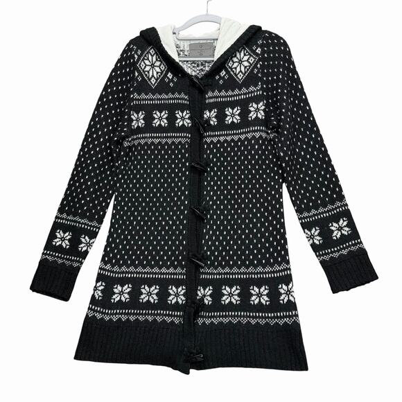 Vero Moda Womens M Nordic Knit Hooded Long Cardigan Black White - Picture 1 of 13